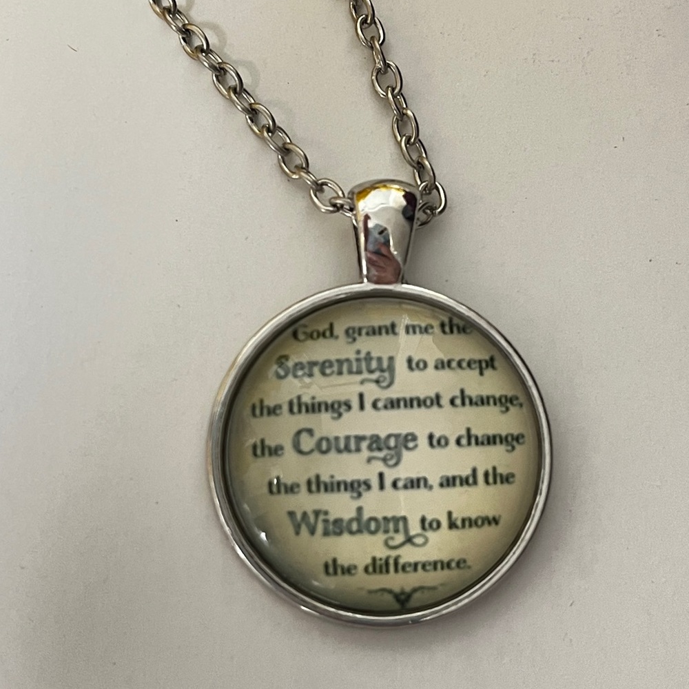 “God grant me the serenity”, silver tone necklace. Dome front. Chain 18.5”. New.